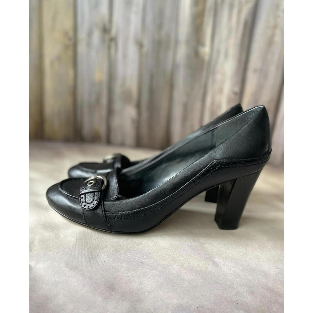 NINE WEST BLACK LEATHER HEELS SHOES buckle WOMEN'S SIZE 8 M 3" Elegant OSSIAO